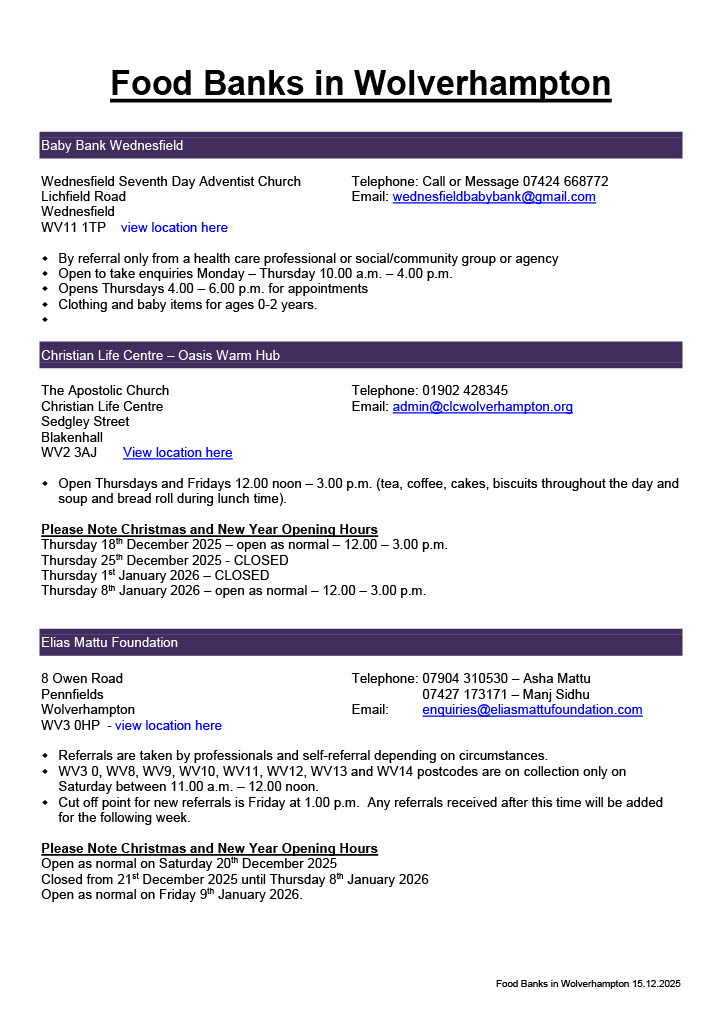 Food bank information in Wolverhampton.