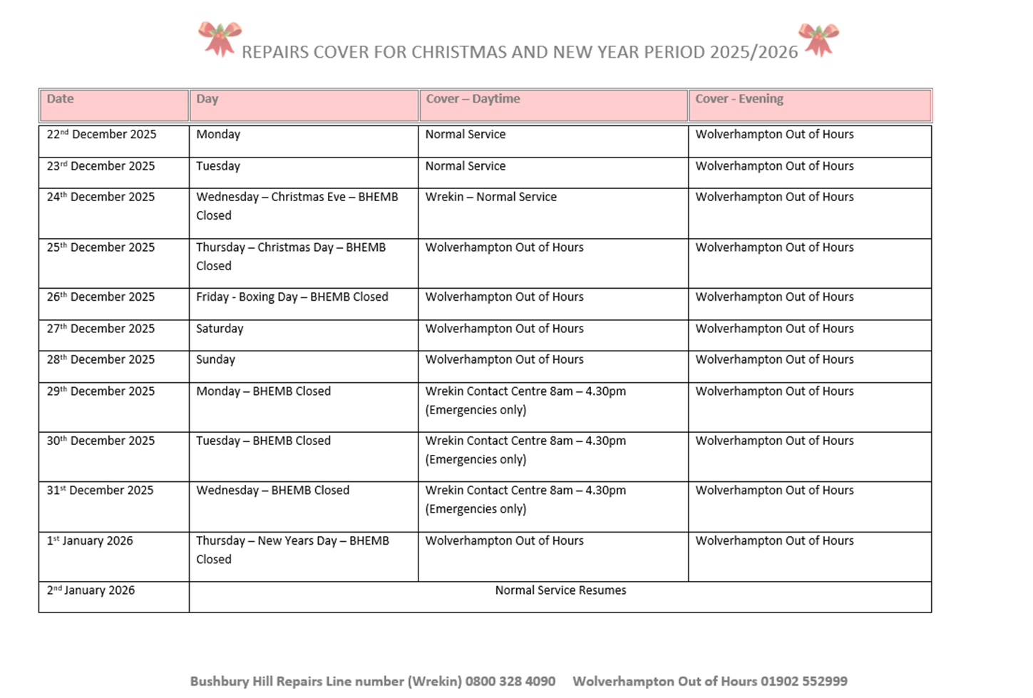 Repairs Christmas and New Years Cover 2025/26